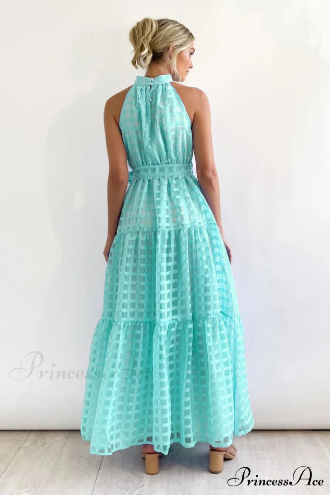 Check Halter Neck Charming Tie Waist Maxi Dress