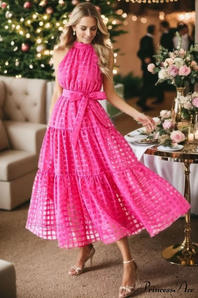Check Halter Neck Charming Tie Waist Maxi Dress