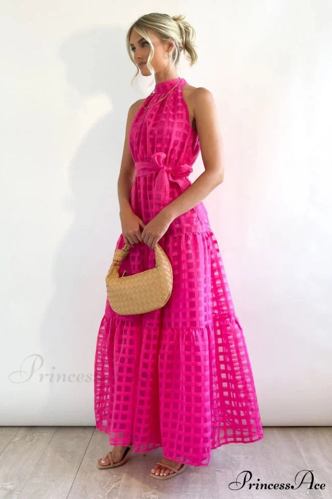 Check Halter Neck Charming Tie Waist Maxi Dress
