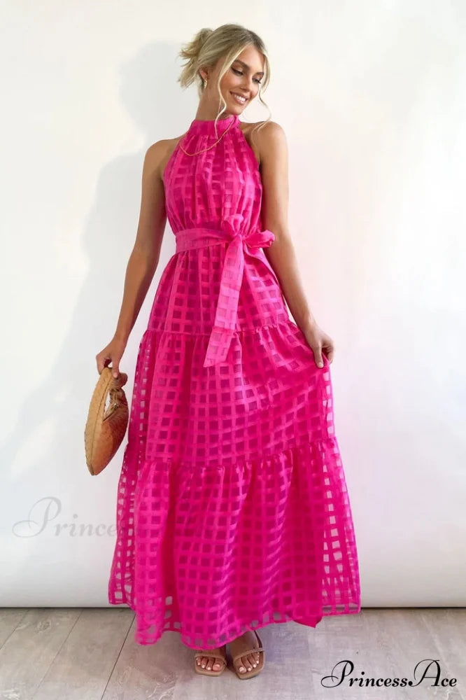 Check Halter Neck Charming Tie Waist Maxi Dress