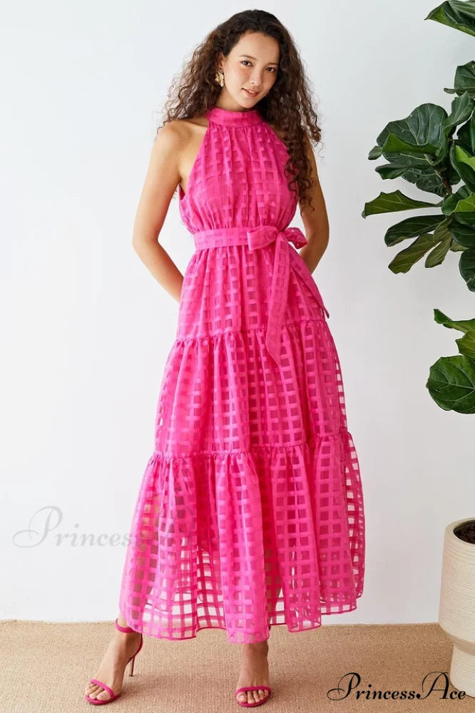 Check Halter Neck Charming Tie Waist Maxi Dress M / Hot Pink