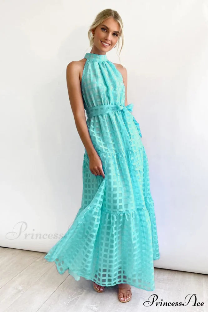 Check Halter Neck Charming Tie Waist Maxi Dress S / Aqua