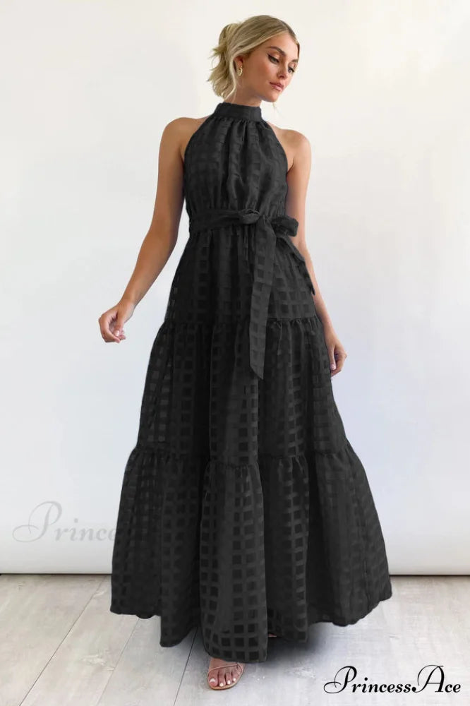 Check Halter Neck Charming Tie Waist Maxi Dress S / Black