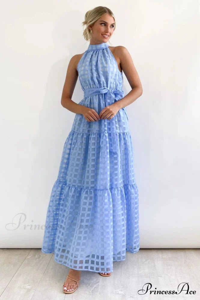 Check Halter Neck Charming Tie Waist Maxi Dress S / Blue