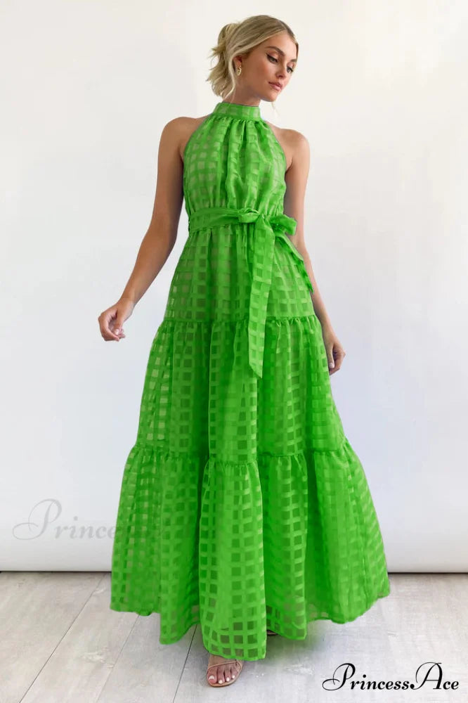Check Halter Neck Charming Tie Waist Maxi Dress S / Green