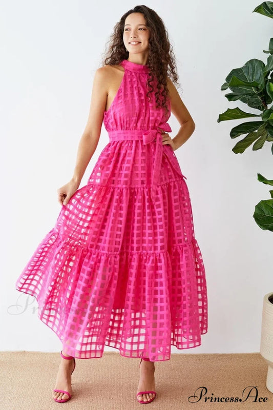 Check Halter Neck Charming Tie Waist Maxi Dress S / Hot Pink