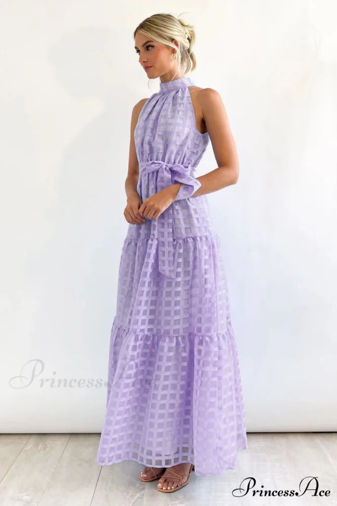 Check Halter Neck Charming Tie Waist Maxi Dress S / Lilac