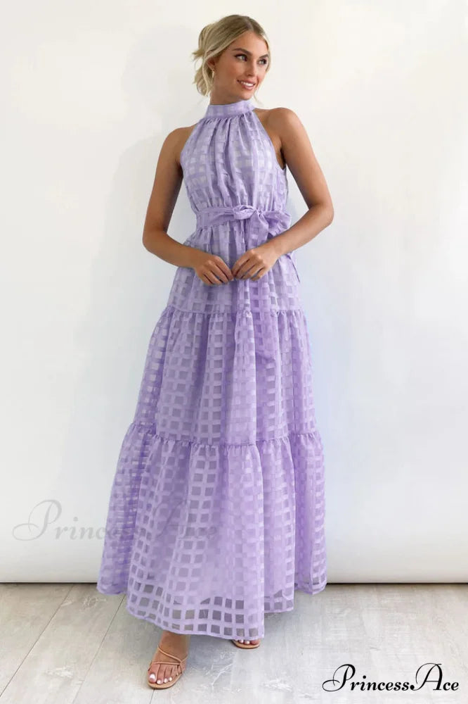 Check Halter Neck Charming Tie Waist Maxi Dress XL / Lilac