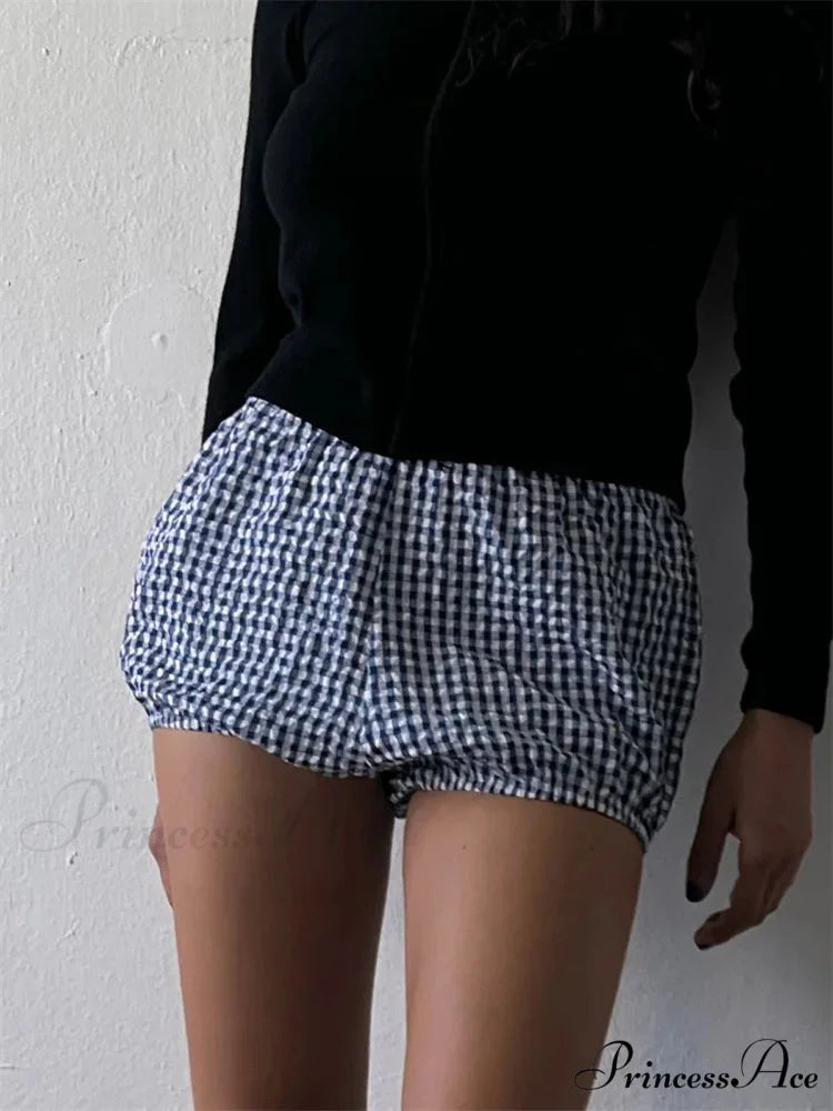 Checked Banded Elastic Waist Short blue / S short-250223