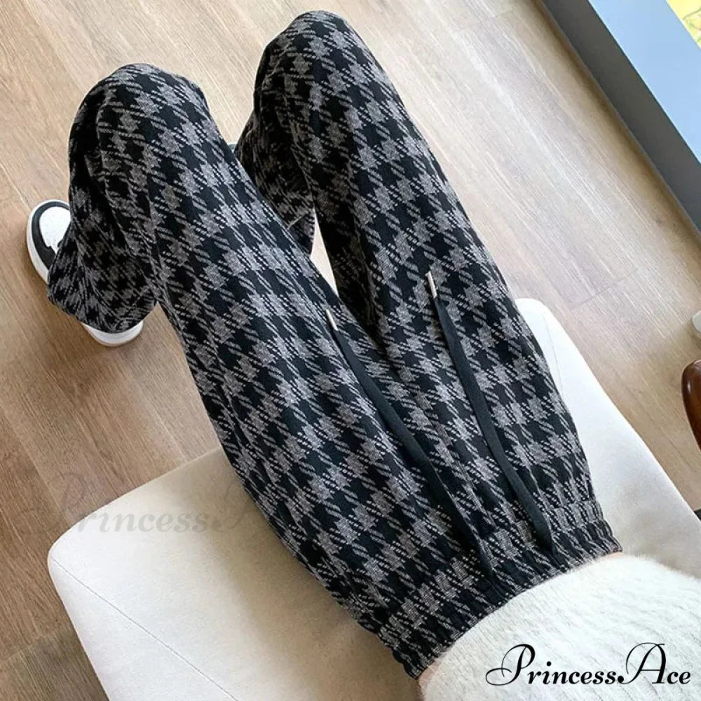 Checked Cinched Casual Wide Leg Trousers pants-241228