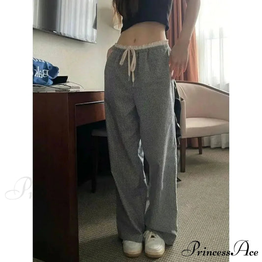 Checked Elevated Waist Loose Trousers grey / S pants-241228