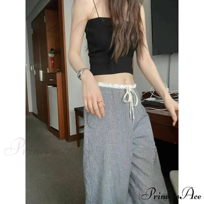 Checked Elevated Waist Loose Trousers pants-241228