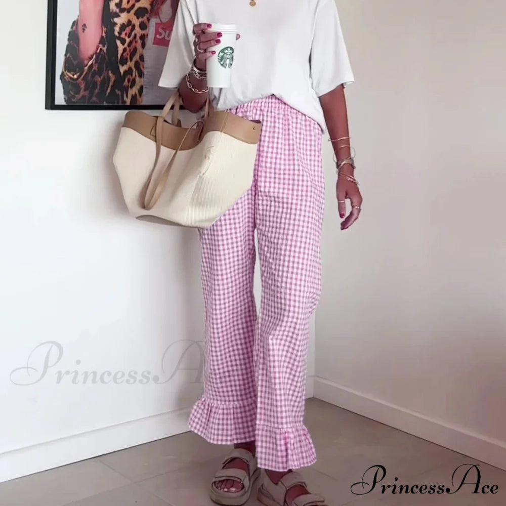 Checked Flared Checkered Long Elastic Waist Fit Pant pant-250223