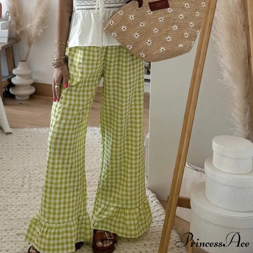 Checked Flared Checkered Long Elastic Waist Fit Pant pant-250223
