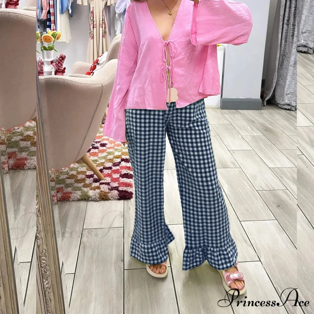 Checked Flared Checkered Long Elastic Waist Fit Pant DARKBLUE / S pant-250223