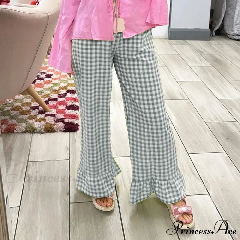 Checked Flared Checkered Long Elastic Waist Fit Pant GRAY / S pant-250223