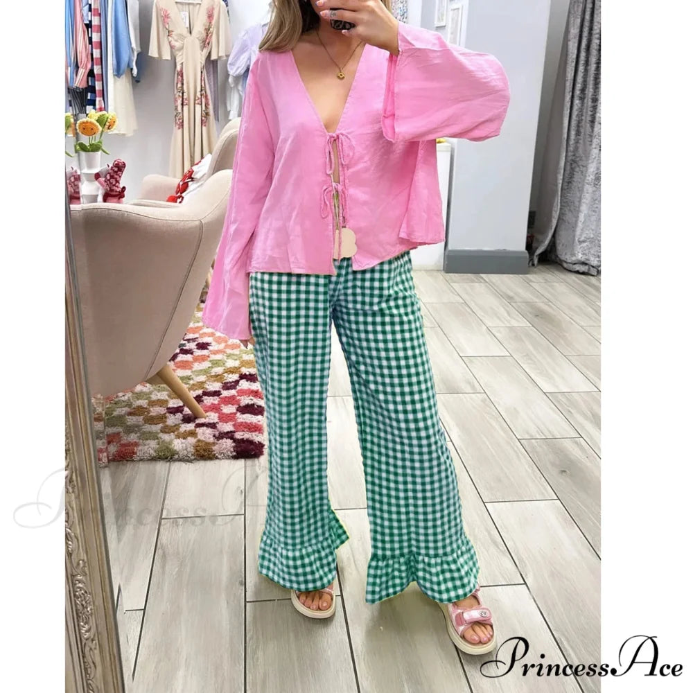 Checked Flared Checkered Long Elastic Waist Fit Pant GREEN / S pant-250223
