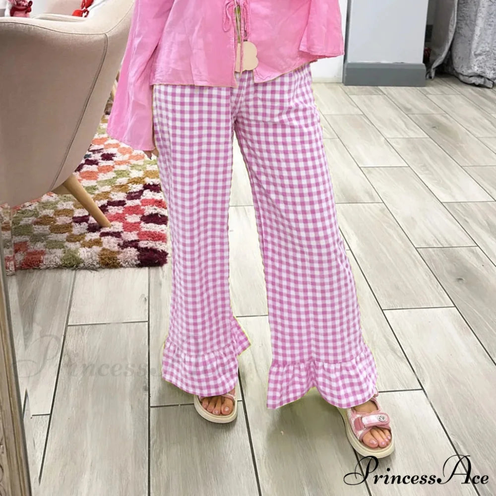 Checked Flared Checkered Long Elastic Waist Fit Pant PINK / S pant-250223
