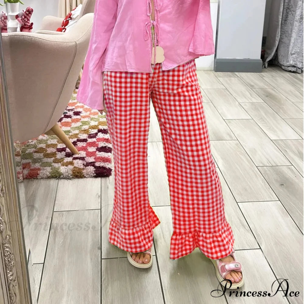 Checked Flared Checkered Long Elastic Waist Fit Pant RED / S pant-250223