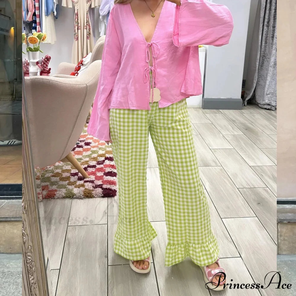 Checked Flared Checkered Long Elastic Waist Fit Pant YELLOW / S pant-250223