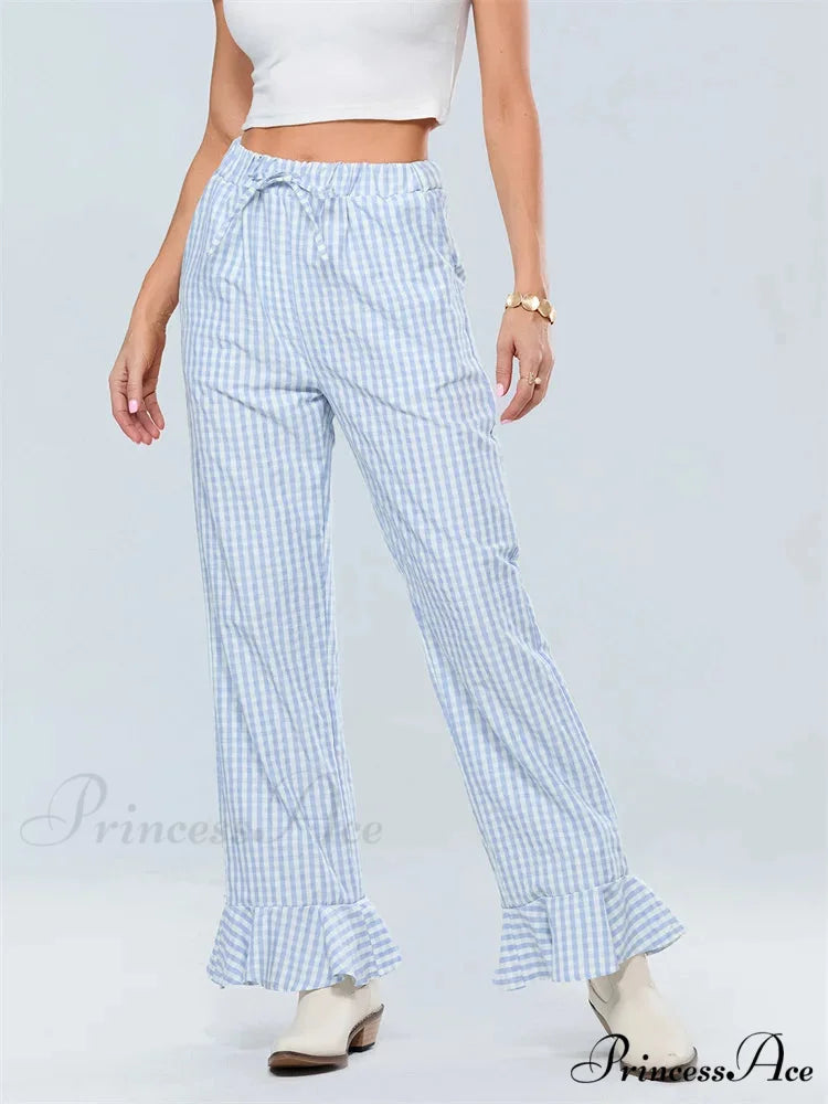 Checked Flared Drawstring Tall Waist Informal Pant BLUE / S pant-250223