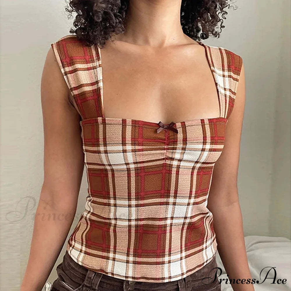 Checked Lined Square Crop Top red / S croptop-250223