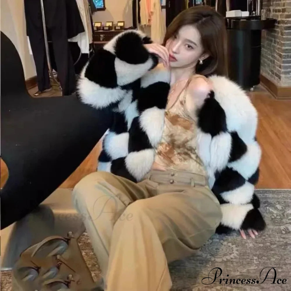 Checkerboard Faux Stylish Fur Coat
