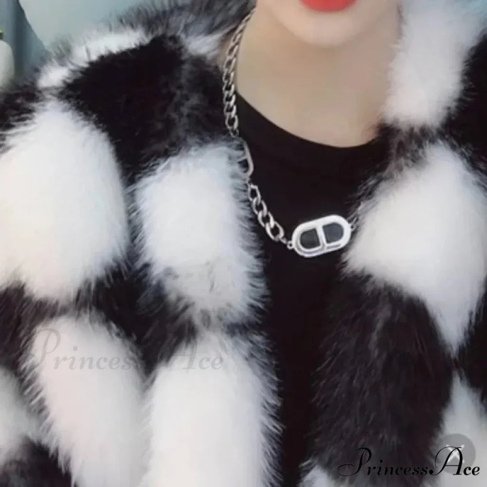 Checkerboard Faux Stylish Fur Coat