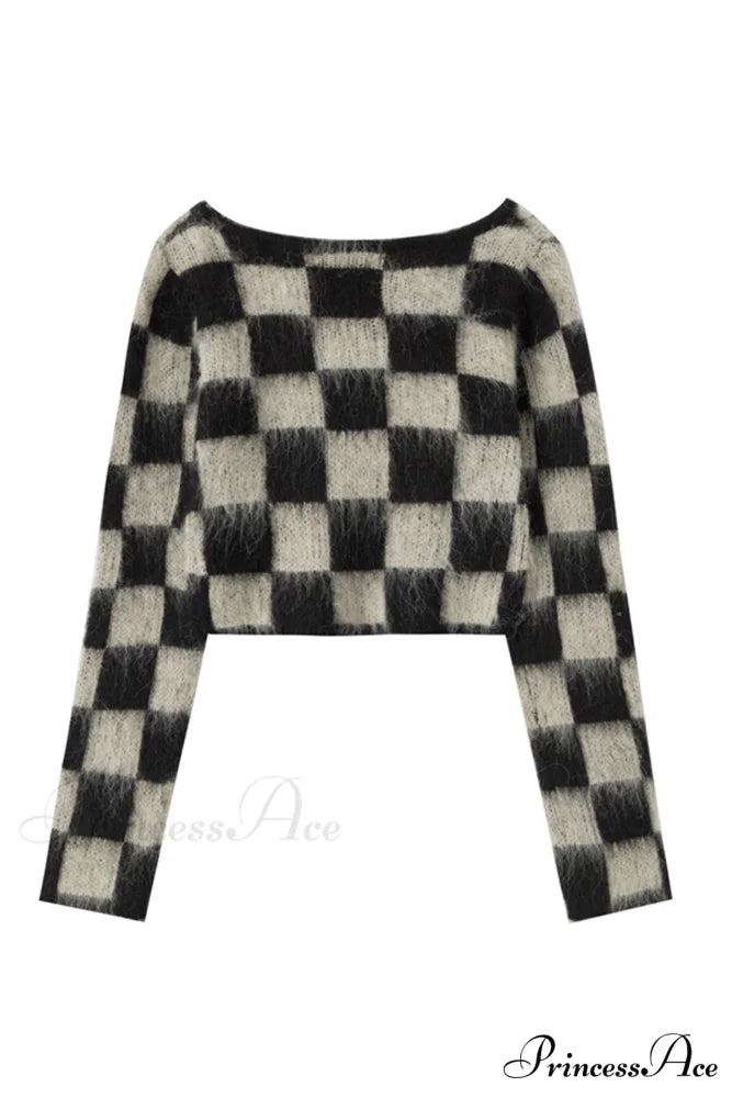 Checkerboard V Neck Mohair Sweater