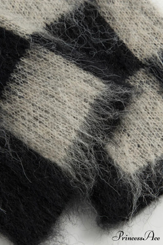 Checkerboard V Neck Mohair Sweater