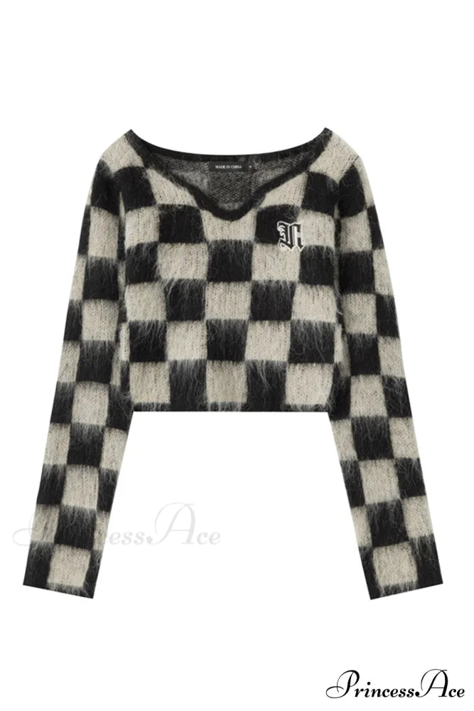 Checkerboard V Neck Mohair Sweater Black / S