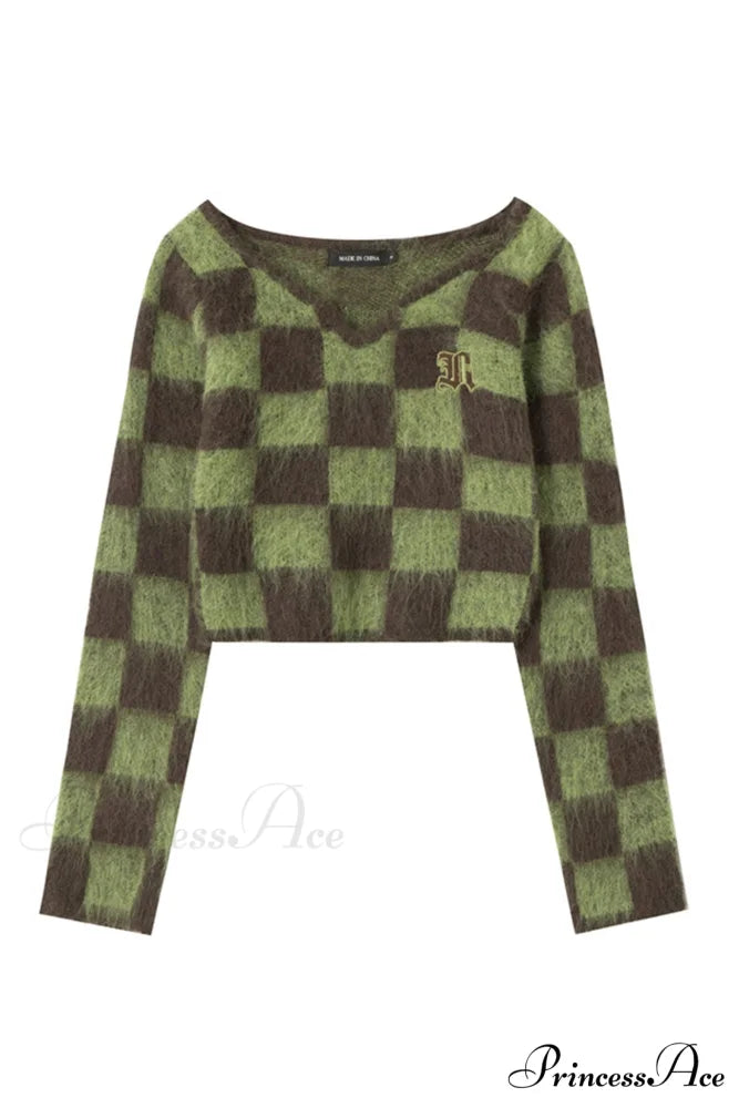 Checkerboard V Neck Mohair Sweater Green / S