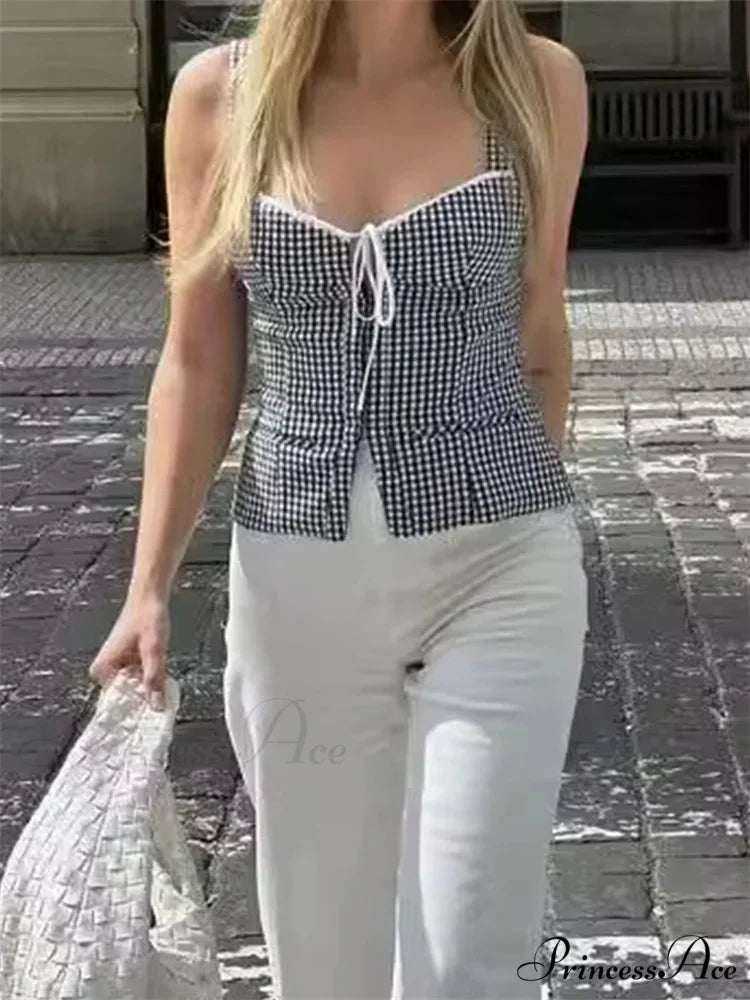 Checkered Backless Lace-up Front Split Tank Crop Top croptop-250126