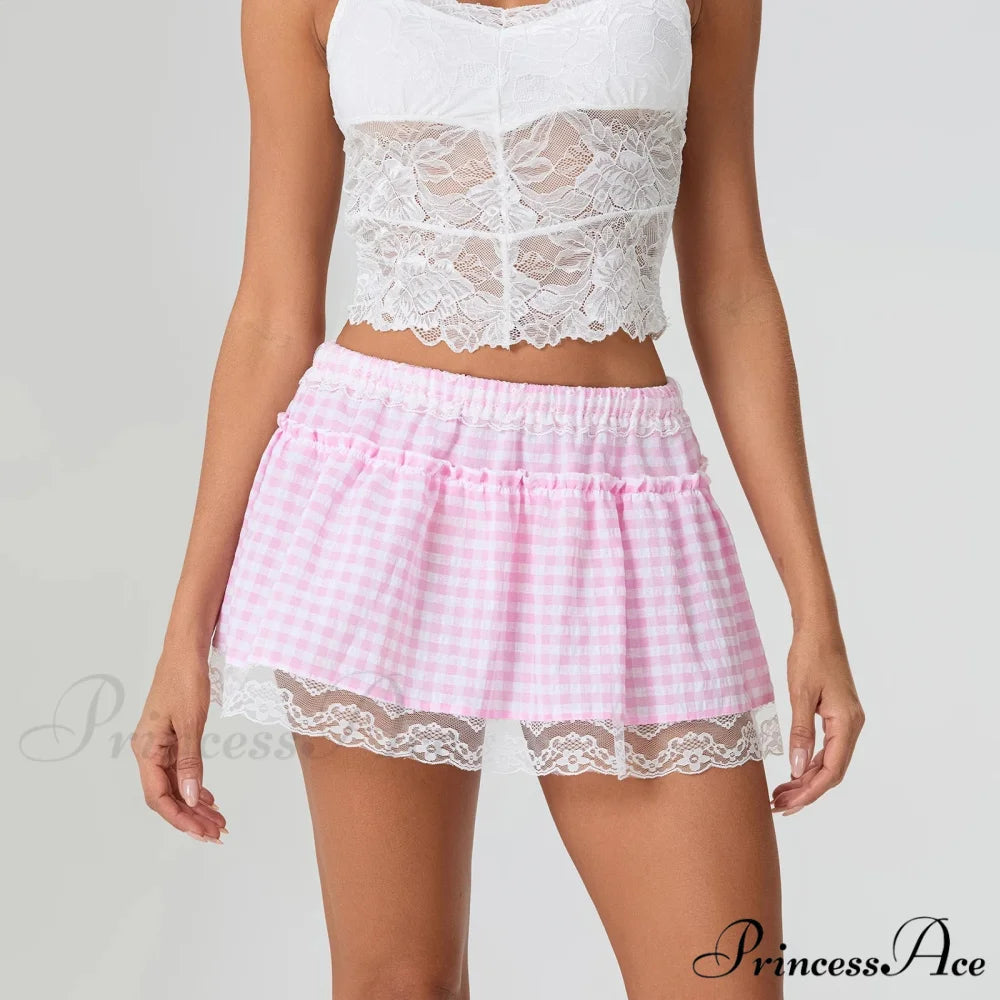 Checkered Blossom Lace Patchwork Skirt skirts-250223