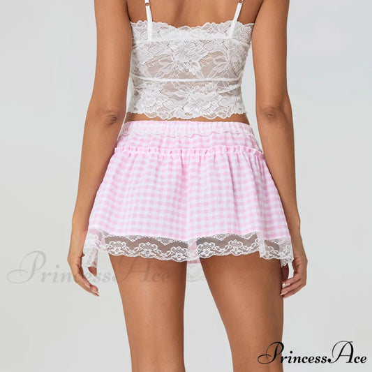 Checkered Blossom Lace Patchwork Skirt skirts-250223