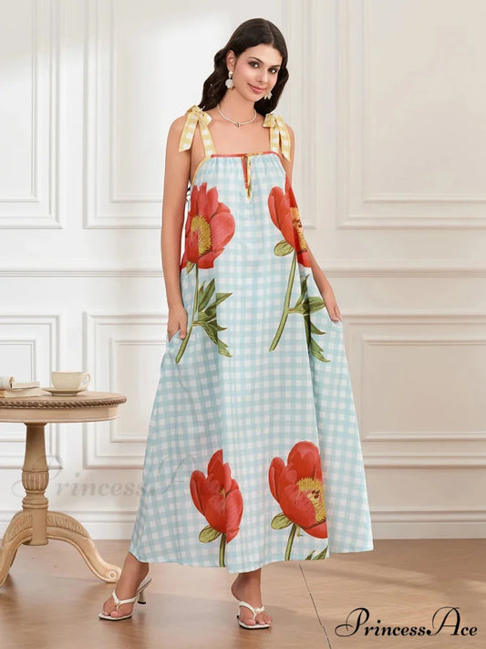 Checkered Blossom Sleeveless Tank Floral Dress BLUE / S floraldress-250126