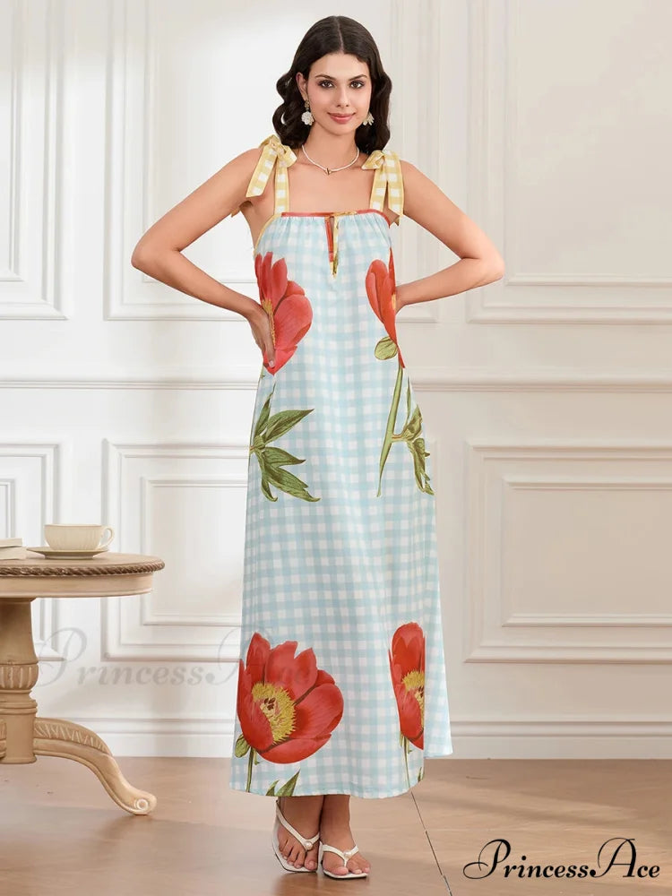 Checkered Blossom Sleeveless Tank Floral Dress floraldress-250126