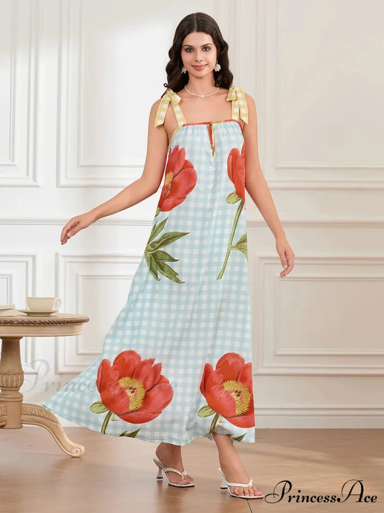 Checkered Blossom Sleeveless Tank Floral Dress floraldress-250126