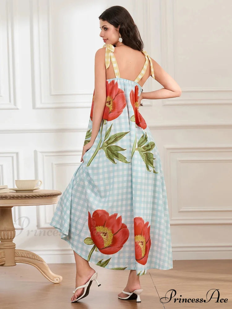 Checkered Blossom Sleeveless Tank Floral Dress floraldress-250126
