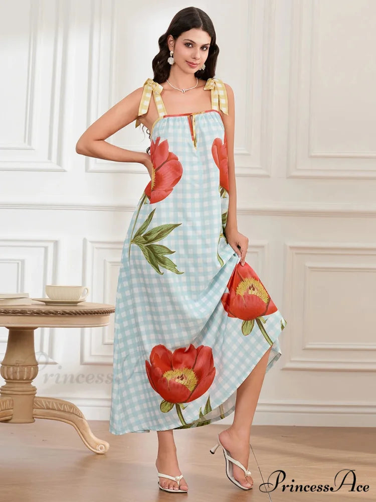 Checkered Blossom Sleeveless Tank Floral Dress floraldress-250126