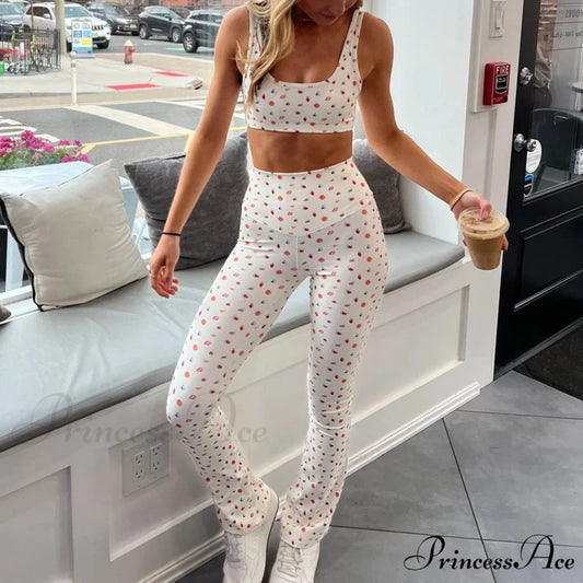 Checkered Bow Print Cropped Tank High Waist Slim Leggings Two Pieces Set twopiecesset-250126