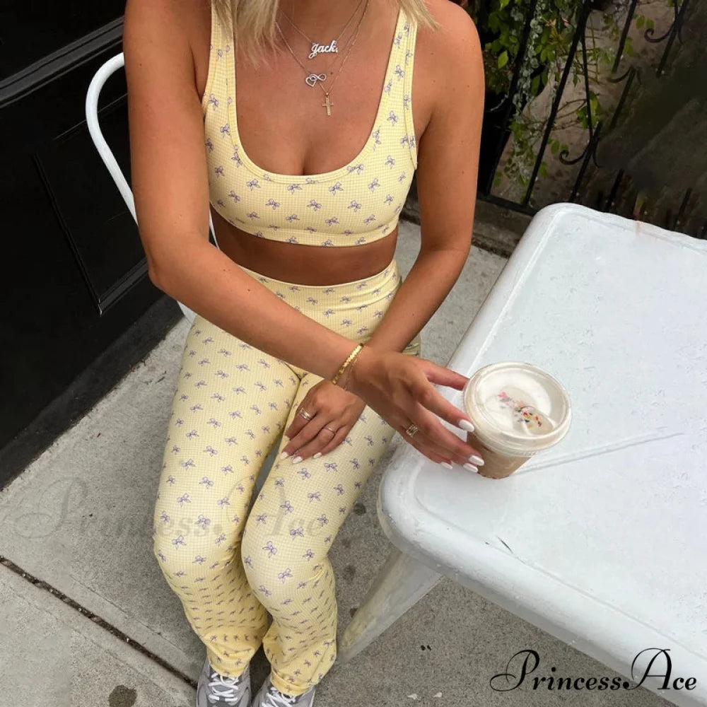 Checkered Bow Print Cropped Tank High Waist Slim Leggings Two Pieces Set yellow / S twopiecesset-250126