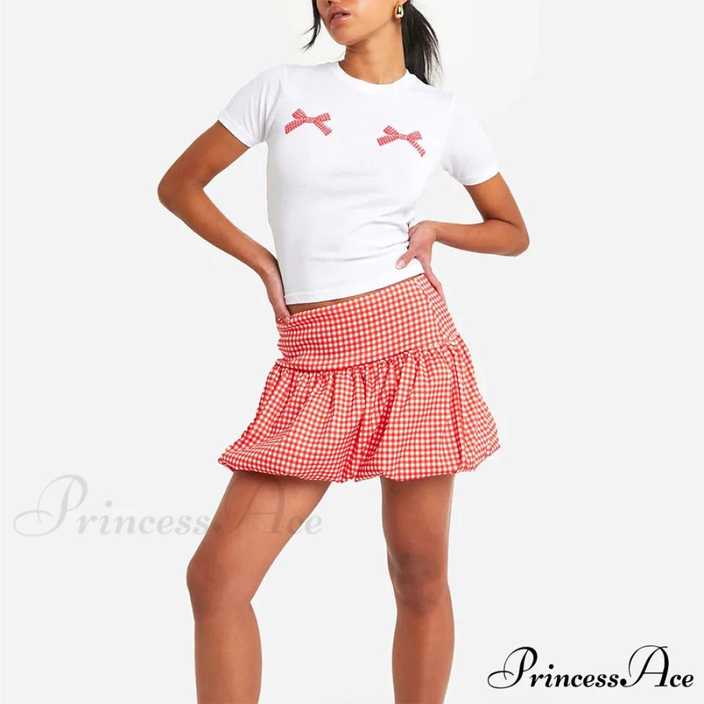 Checkered Bubble Tartan Style Skirt Red / S skirts-250223