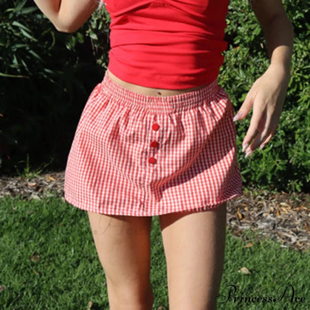 Checkered Button Embellished Flared Skirt Red / S skirts-250223