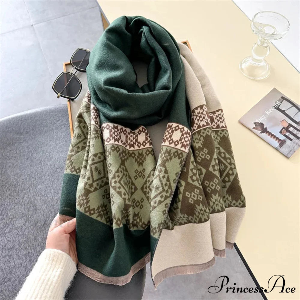 Checkered Cashmere Winter Scarf green scarf-241228