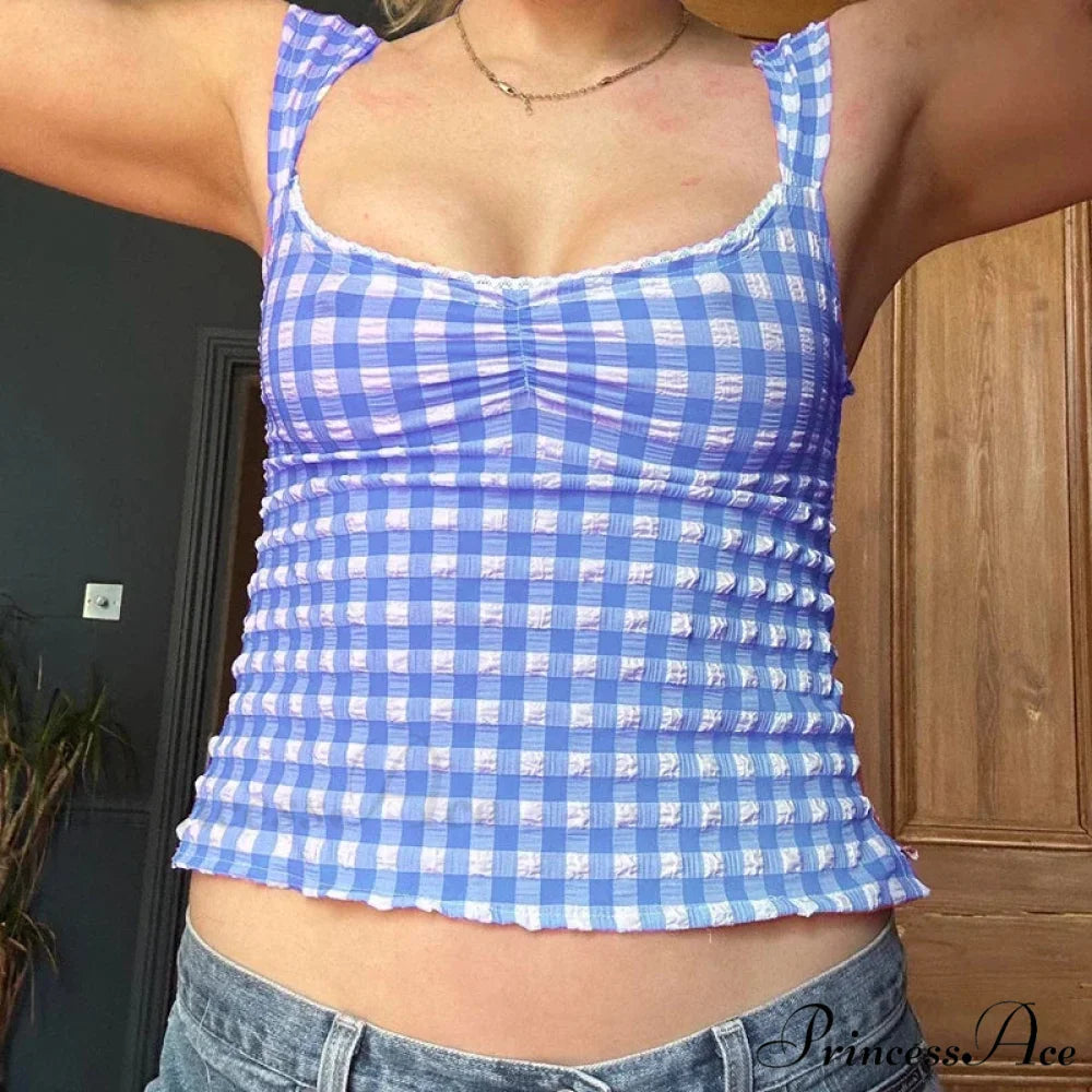 Checkered Checked Lace Trim Square Collar Slim Fit Y2K Vintage Backless Crop Top Blue / S croptop-250126