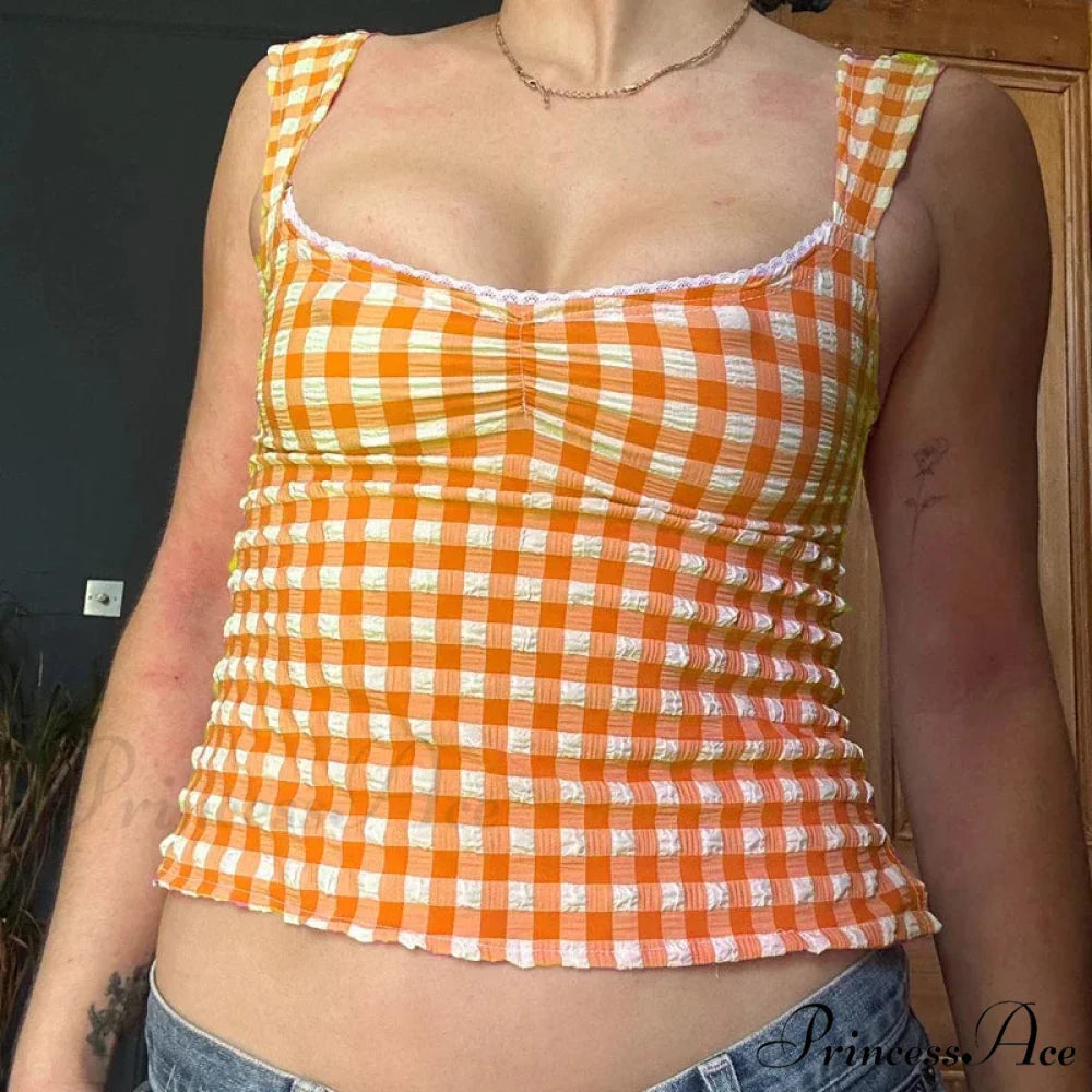 Checkered Checked Lace Trim Square Collar Slim Fit Y2K Vintage Backless Crop Top croptop-250126