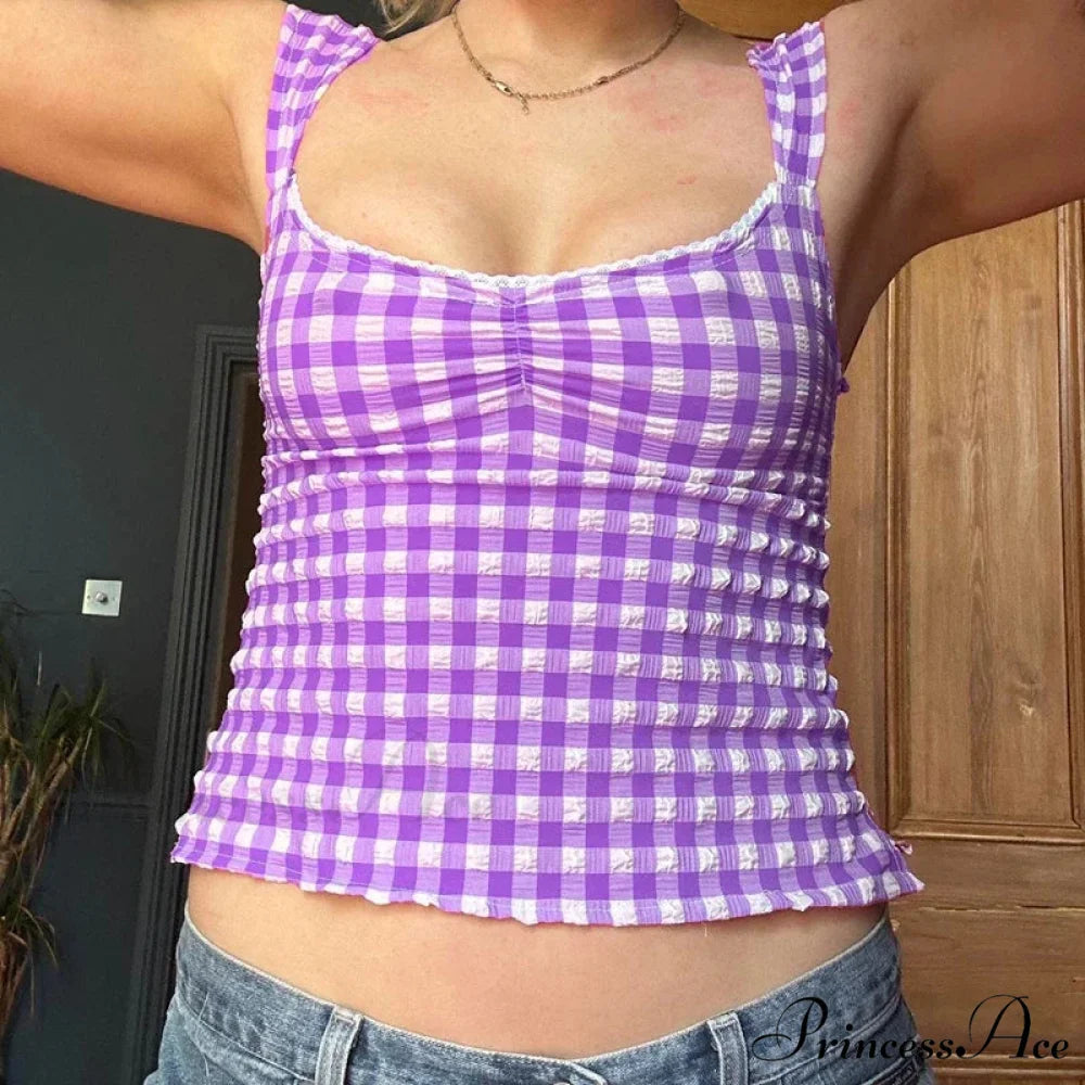 Checkered Checked Lace Trim Square Collar Slim Fit Y2K Vintage Backless Crop Top croptop-250126