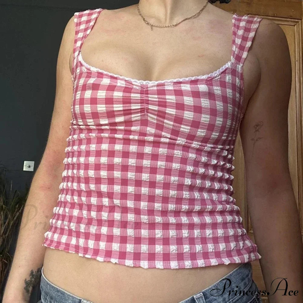 Checkered Checked Lace Trim Square Collar Slim Fit Y2K Vintage Backless Crop Top croptop-250126