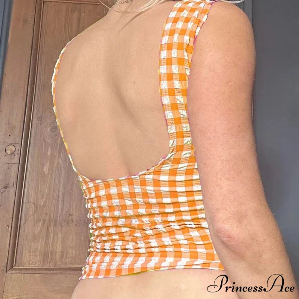 Checkered Checked Lace Trim Square Collar Slim Fit Y2K Vintage Backless Crop Top croptop-250126